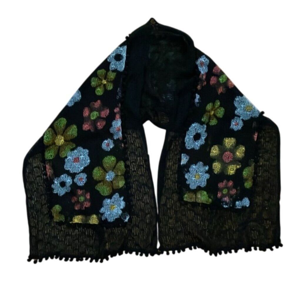Black Floral Knit Boho Scarf Wrap 17x66 Open Weave Pom Trim